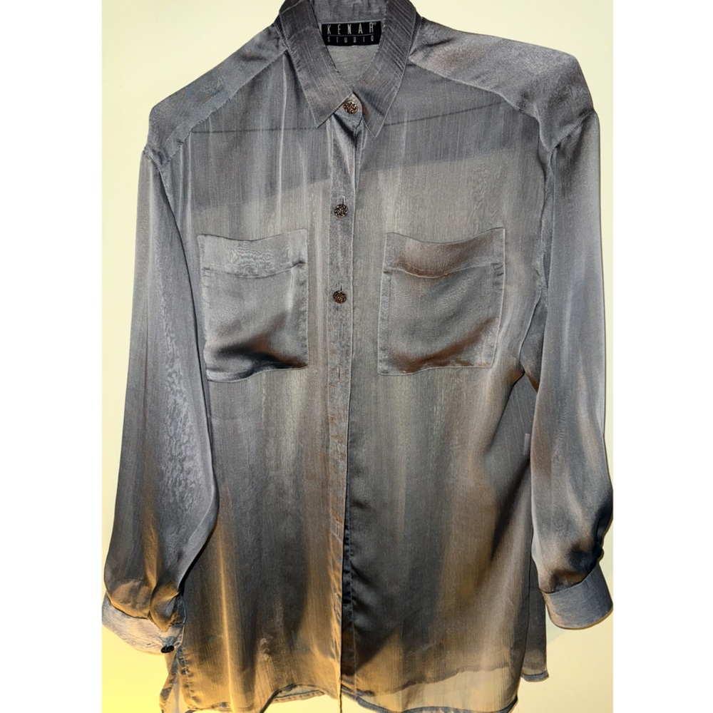 Kalon Studios Women’s Gray Sheer Buttoned Down Dress Shirt